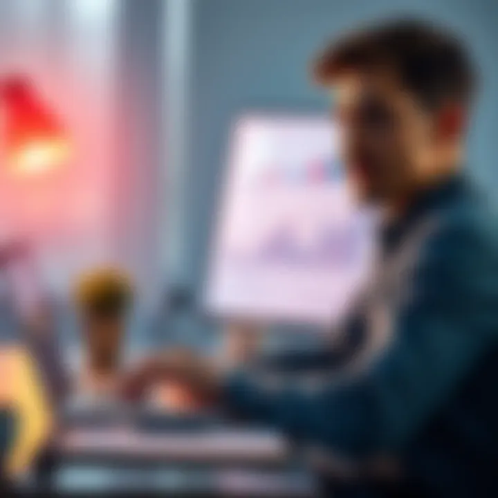 A 23-year-old man talks about his investment journey with Raiz, illustrating graphs showing gains and losses on a laptop screen, with a notepad and pen on a desk next to him.