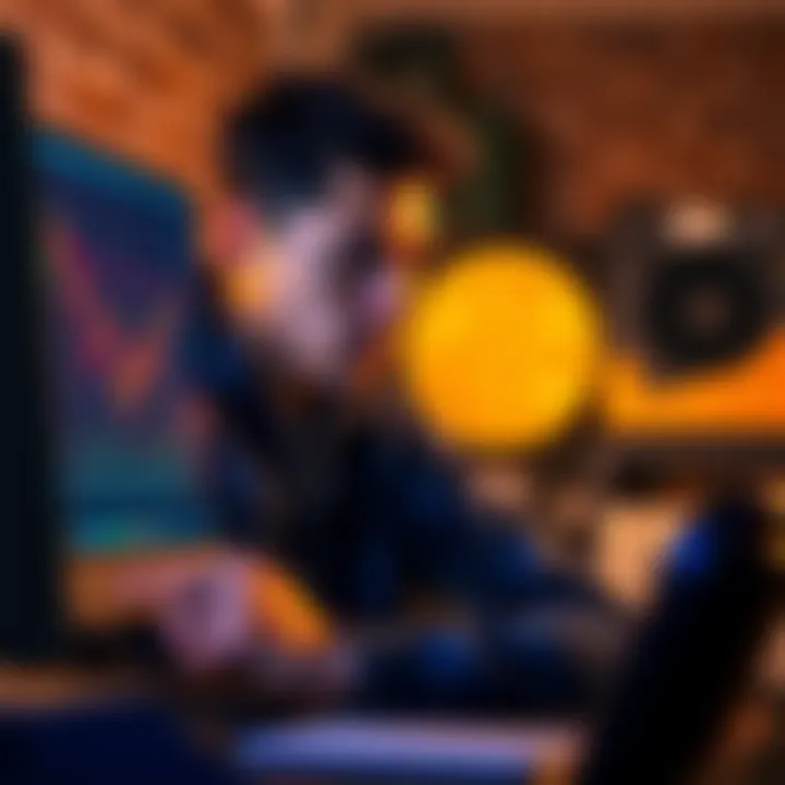 Young man sitting at a desk, analyzing Bitcoin charts on a computer screen, with a concerned expression