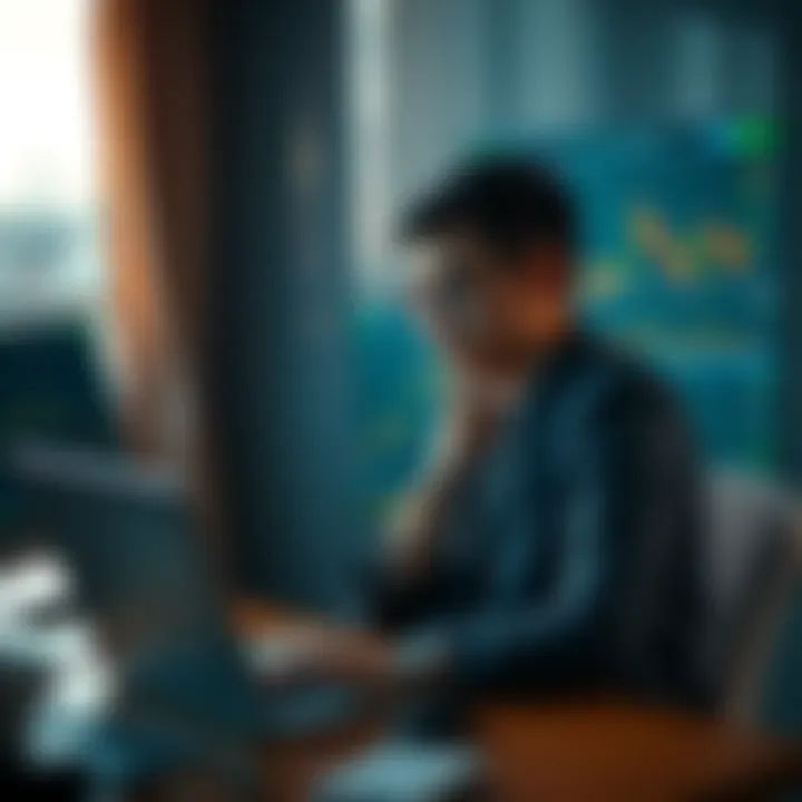 Young man considering Bitcoin investment A young man sitting at a desk, looking thoughtfully at a laptop with Bitcoin charts on the screen, contemplating a significant investment decision