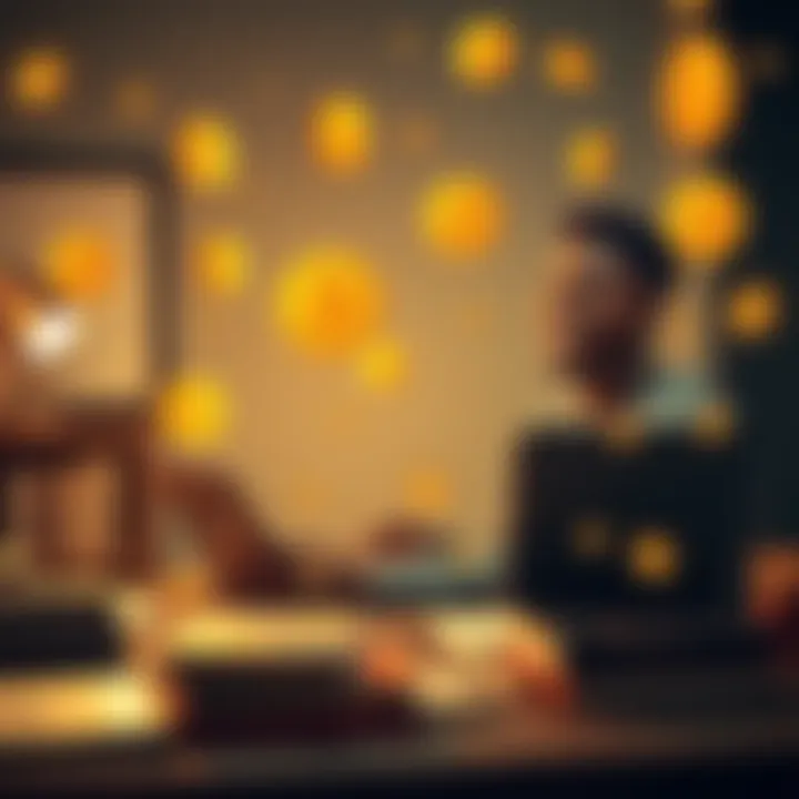 A young man from Angola sitting at a desk with a laptop, surrounded by Bitcoin symbols and books, showing joy and hope for the future