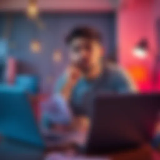 A 23-year-old man sitting at a desk, looking at his bank statements and a laptop, deep in thought about saving versus enjoying life.