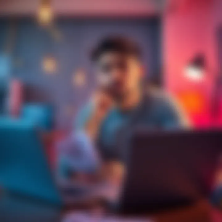 A 23-year-old man sitting at a desk, looking at his bank statements and a laptop, deep in thought about saving versus enjoying life.