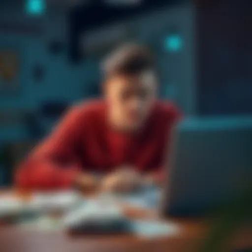 A 22-year-old man sitting at a table with a worried expression, surrounded by bills and a laptop showing a cryptocurrency chart.