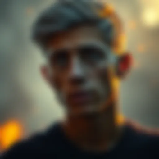 A young man with grey temples looking thoughtful, reflecting the effects of war on youth