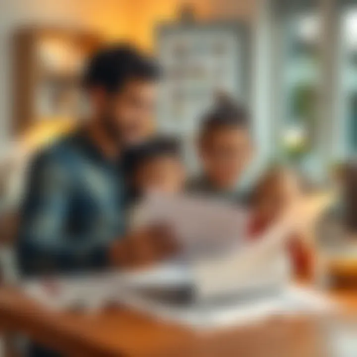 A 28-year-old parent with four children reviewing financial documents at a kitchen table, looking hopeful about retiring by 45