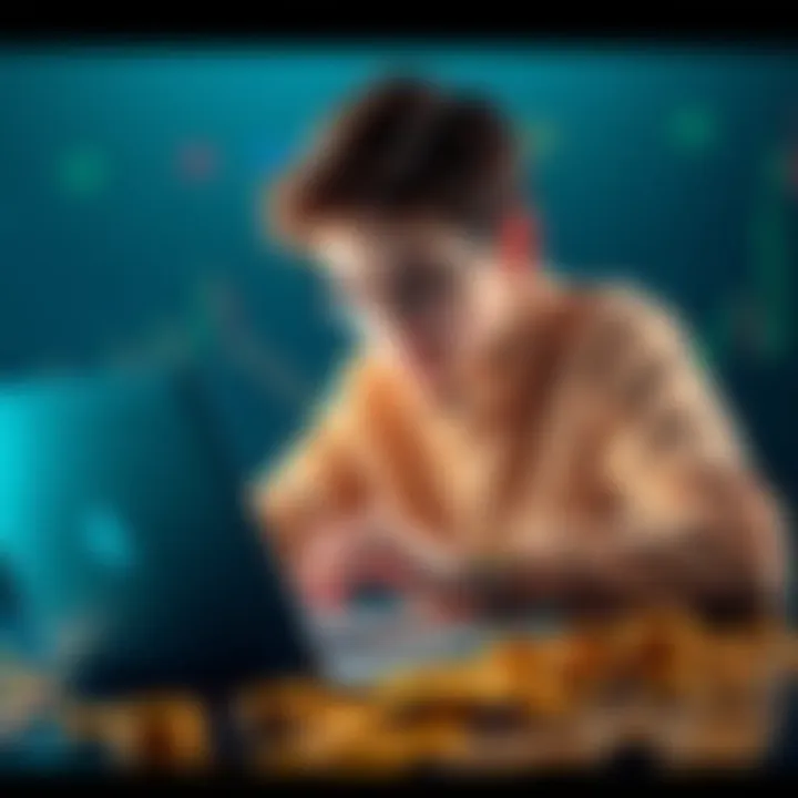 Young person with coins and a laptop A young person analyzing coin trading data on a laptop with coins scattered around