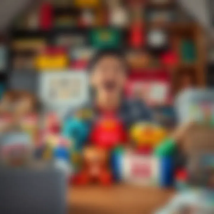 A 23-year-old person excitedly displaying a variety of nostalgic items, including toys and memorabilia, reminiscent of childhood. They are surrounded by boxes and containers filled with treasures.