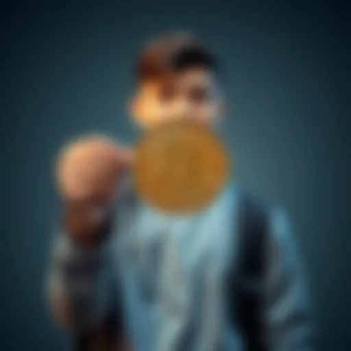A 22-year-old person proudly holding a Bitcoin symbol, symbolizing their achievement in accumulating cryptocurrency.