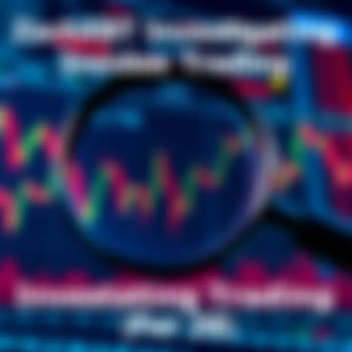 A graphic showing a magnifying glass over stock market charts, symbolizing an investigation into insider trading by ZachXBT.