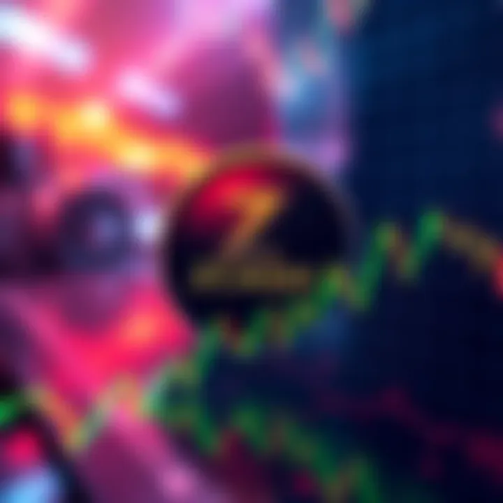 Zcash logo with fluctuating price chart Zcash logo alongside a price chart showing fluctuations representing its volatility