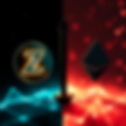 A visual comparison of Zcash and Monero logos with a downward trend arrow for Zcash and an upward trend arrow for Monero, symbolizing market changes.