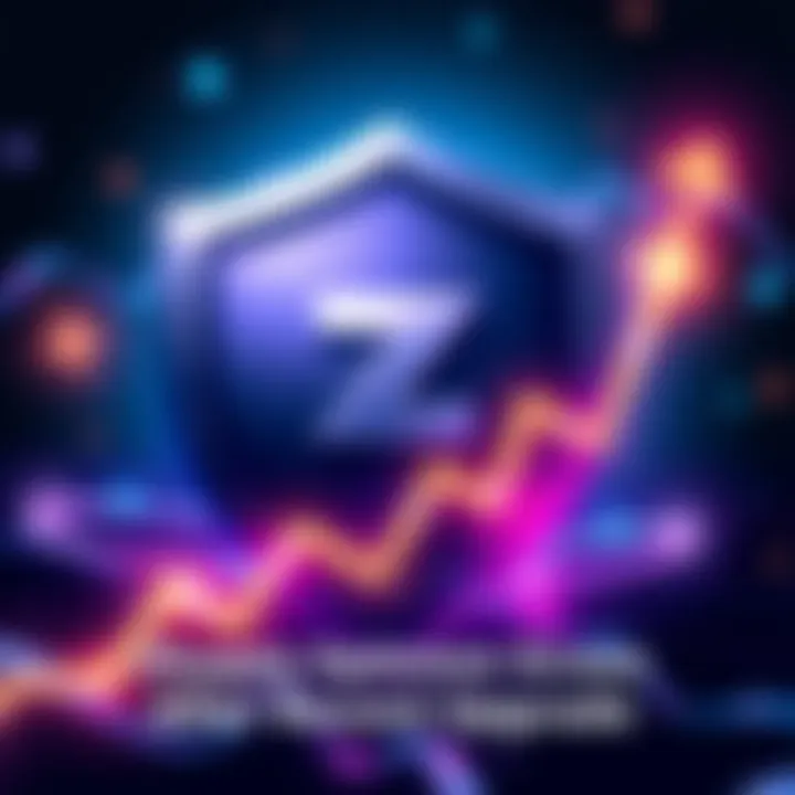 Illustration showing Zcash logo with a shield, representing security, in the background with upward trending graph lines, symbolizing growth and optimism after the recent upgrade by Shielded Labs.