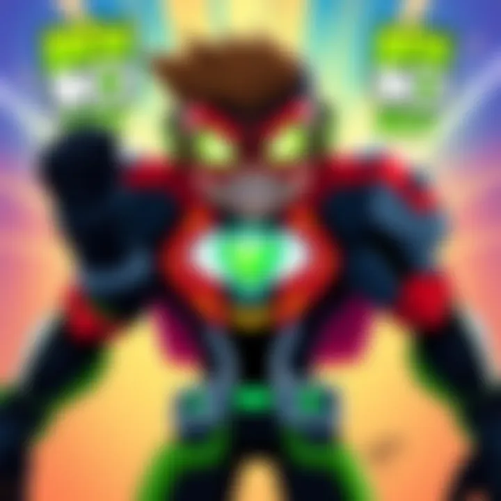 A colorful illustration of Zoomrig Hero Boy, showcasing his unique features and gear from the Ben 10 series, set against a vibrant background.