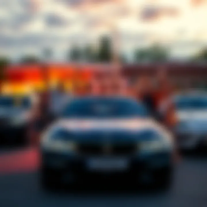 A group of people celebrating together with BMW cars and iPhone 15 Pros in a vibrant community setting.